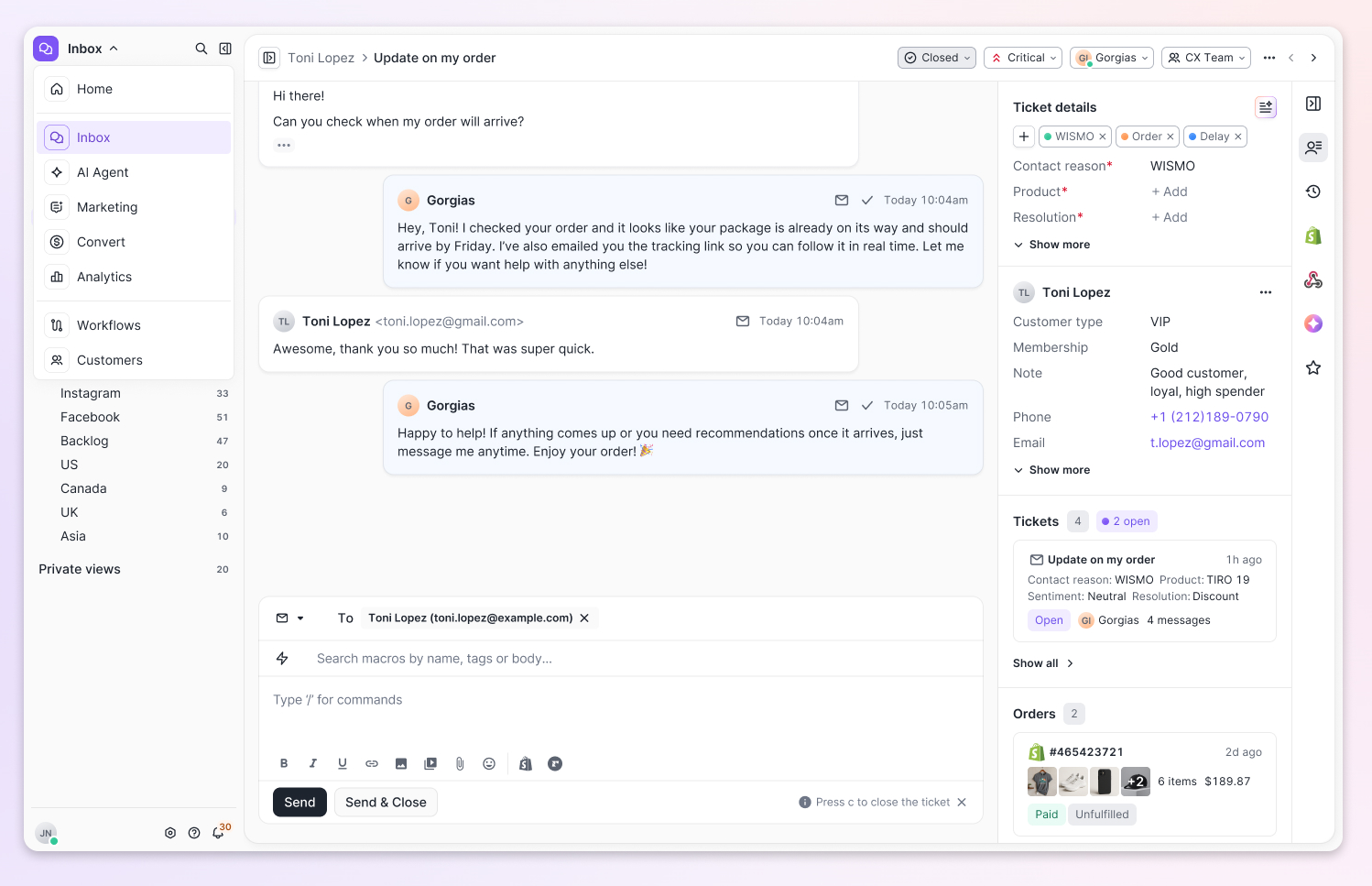 Gorgias helpdesk inbox showing a customer’s order-tracking conversation alongside ticket details and Shopify order information.