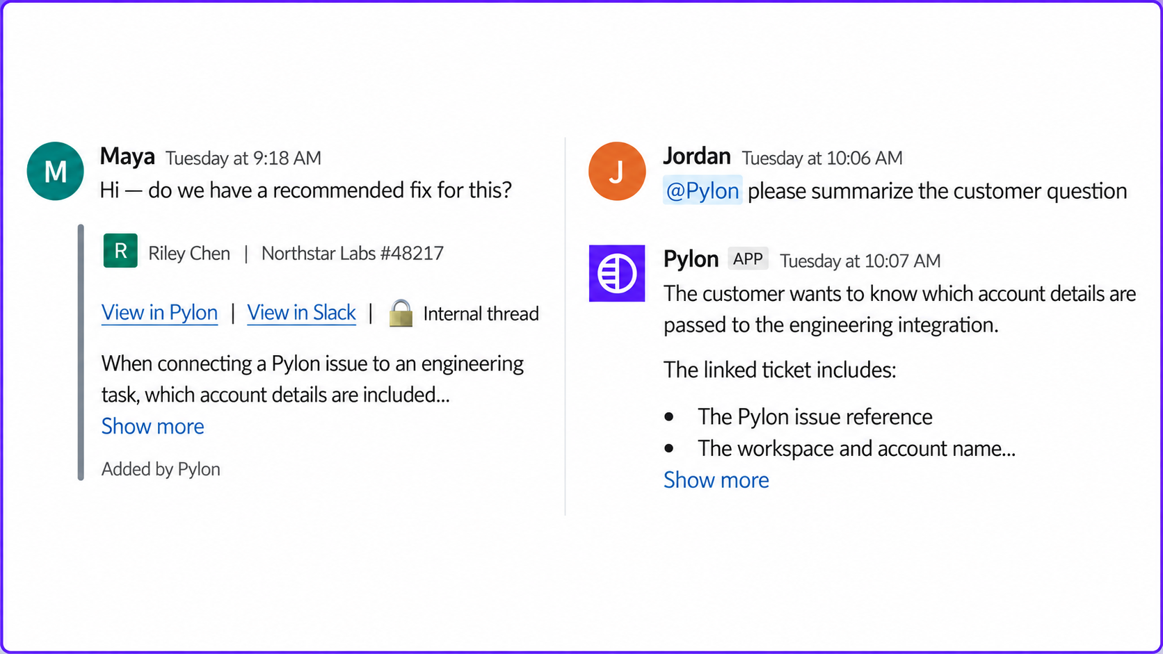 Pylon Slack Agent summarizes a linked customer issue and lists the account details passed to an engineering ticket.