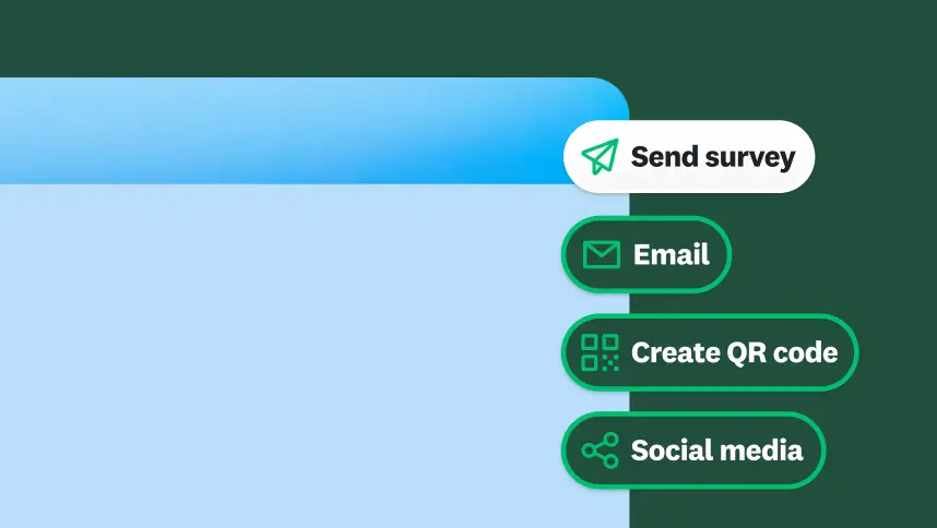 SurveyMonkey distribution menu with options to send a survey by email, QR code, or social media.