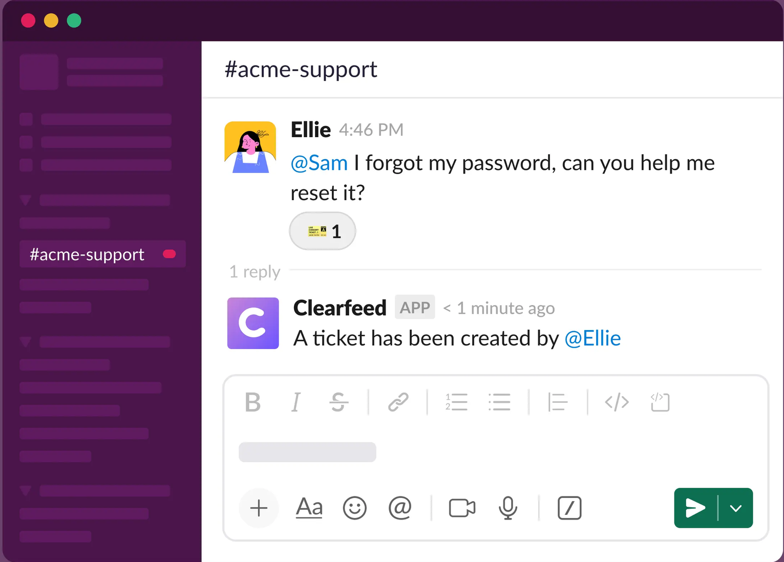 Slack support message about a forgotten password followed by a confirmation that a ticket was created.
