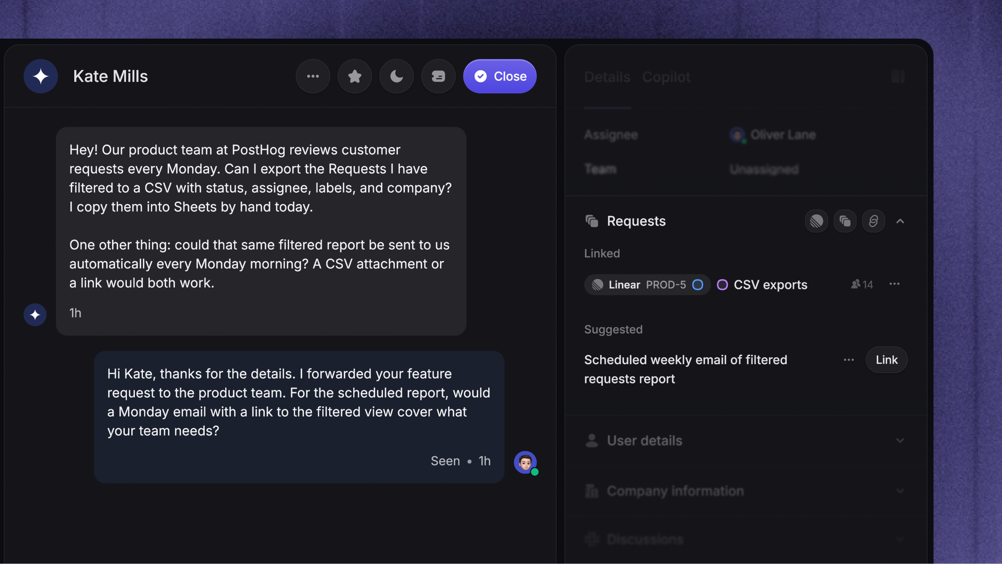 Featurebase Inbox linking a support conversation to a suggested customer Request.