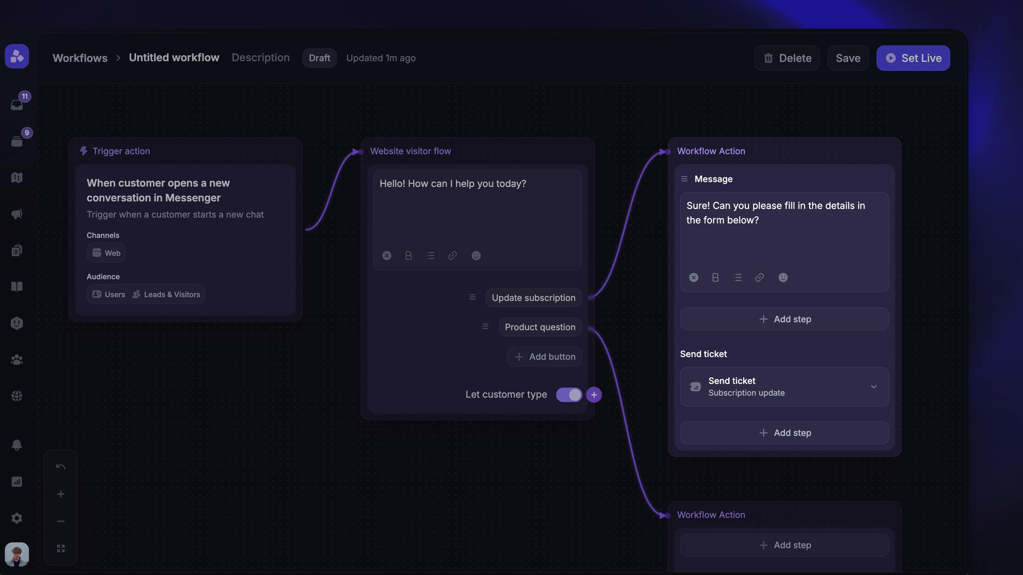 Featurebase workflow showing a web conversation trigger, automated response, and ticket creation steps.