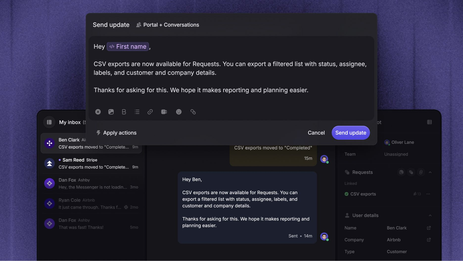 Featurebase sending a feature update to linked customer conversations.