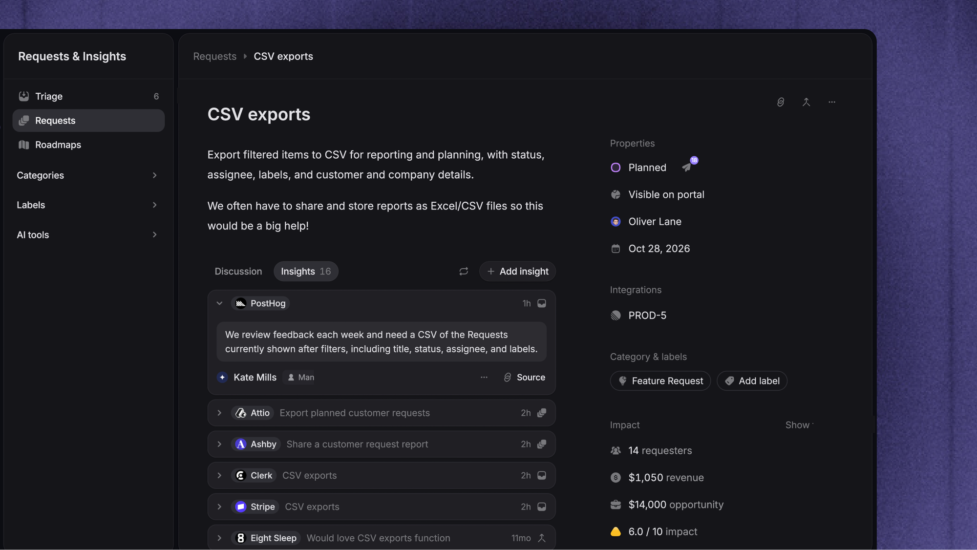 Featurebase CSV export Request showing linked customer Insights and impact details.