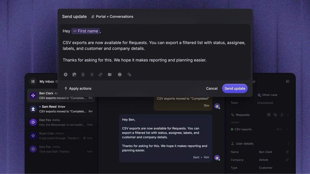 Featurebase sending a CSV export announcement to the customer portal and linked support conversations.