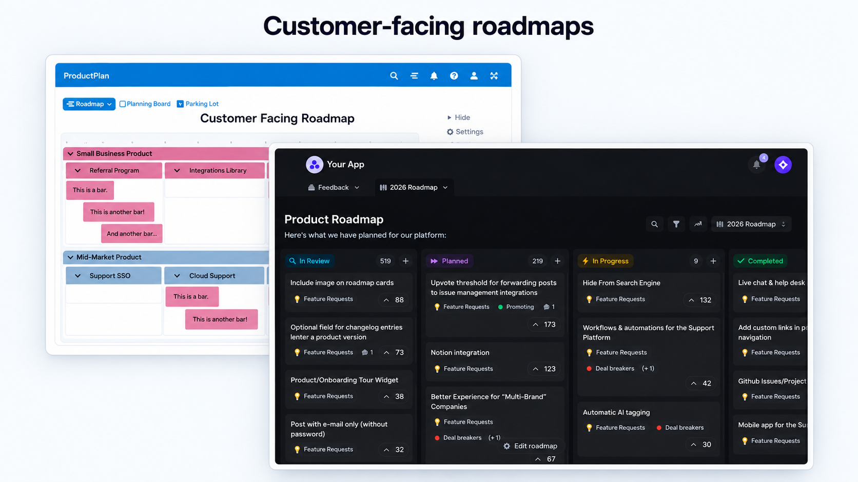 Customer-facing roadmaps in Featurebase (front) and ProductPlan (back).