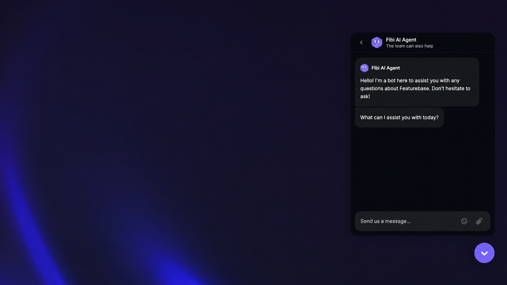 Featurebase’s Fibi AI Agent greeting a customer and inviting product questions in the chat widget.