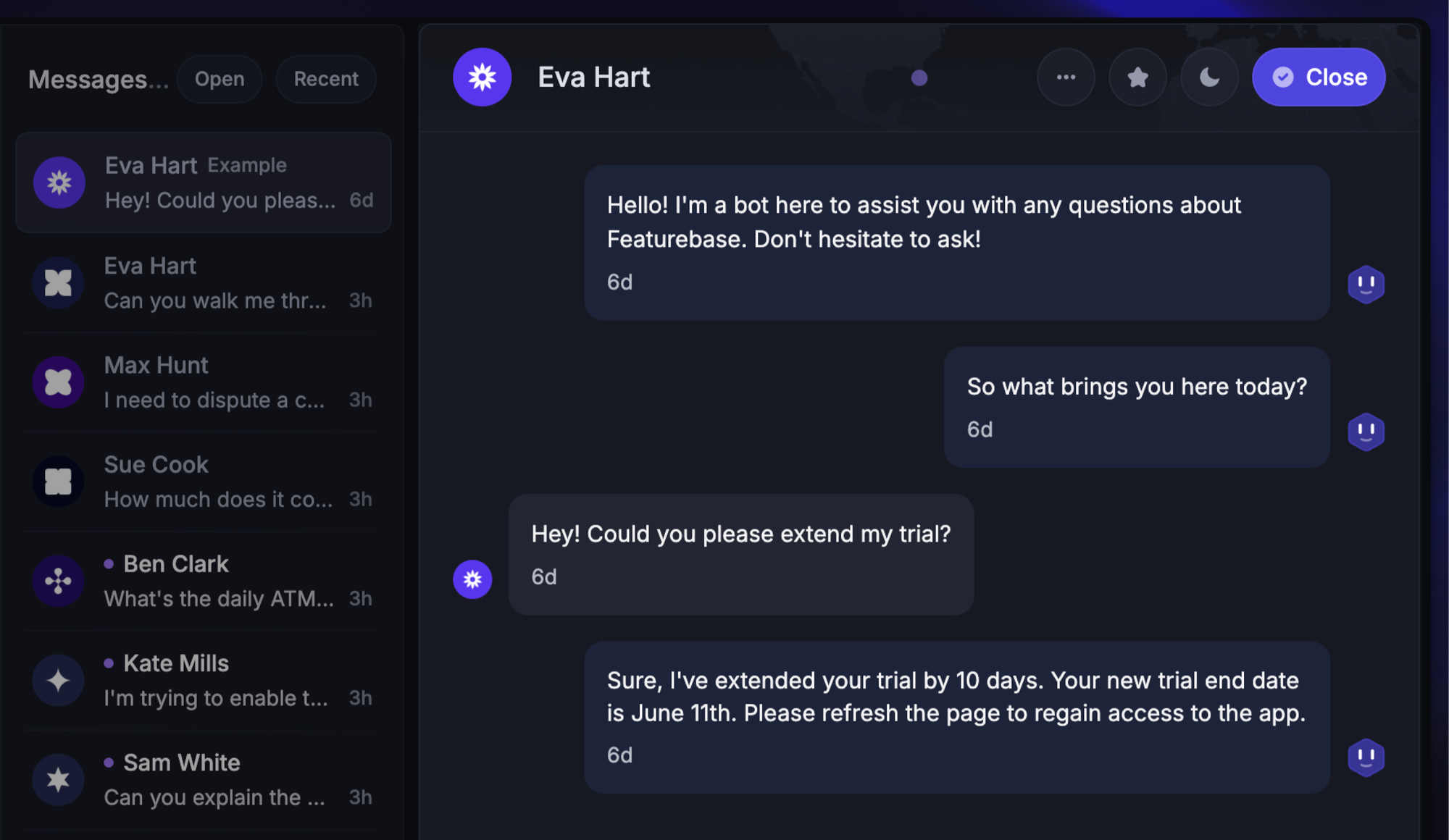 Fibi AI Agent confirming a 10-day trial extension in a customer conversation.