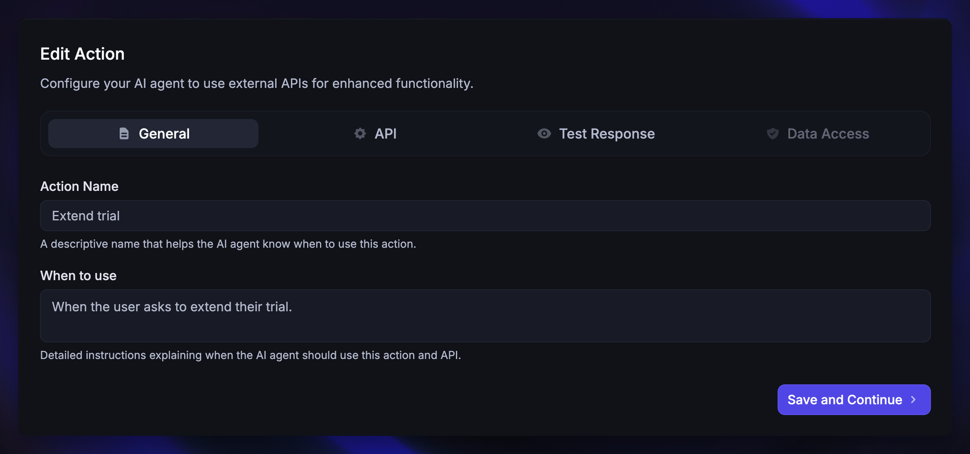 Featurebase custom action settings defining when Fibi should use the “Extend trial” action.