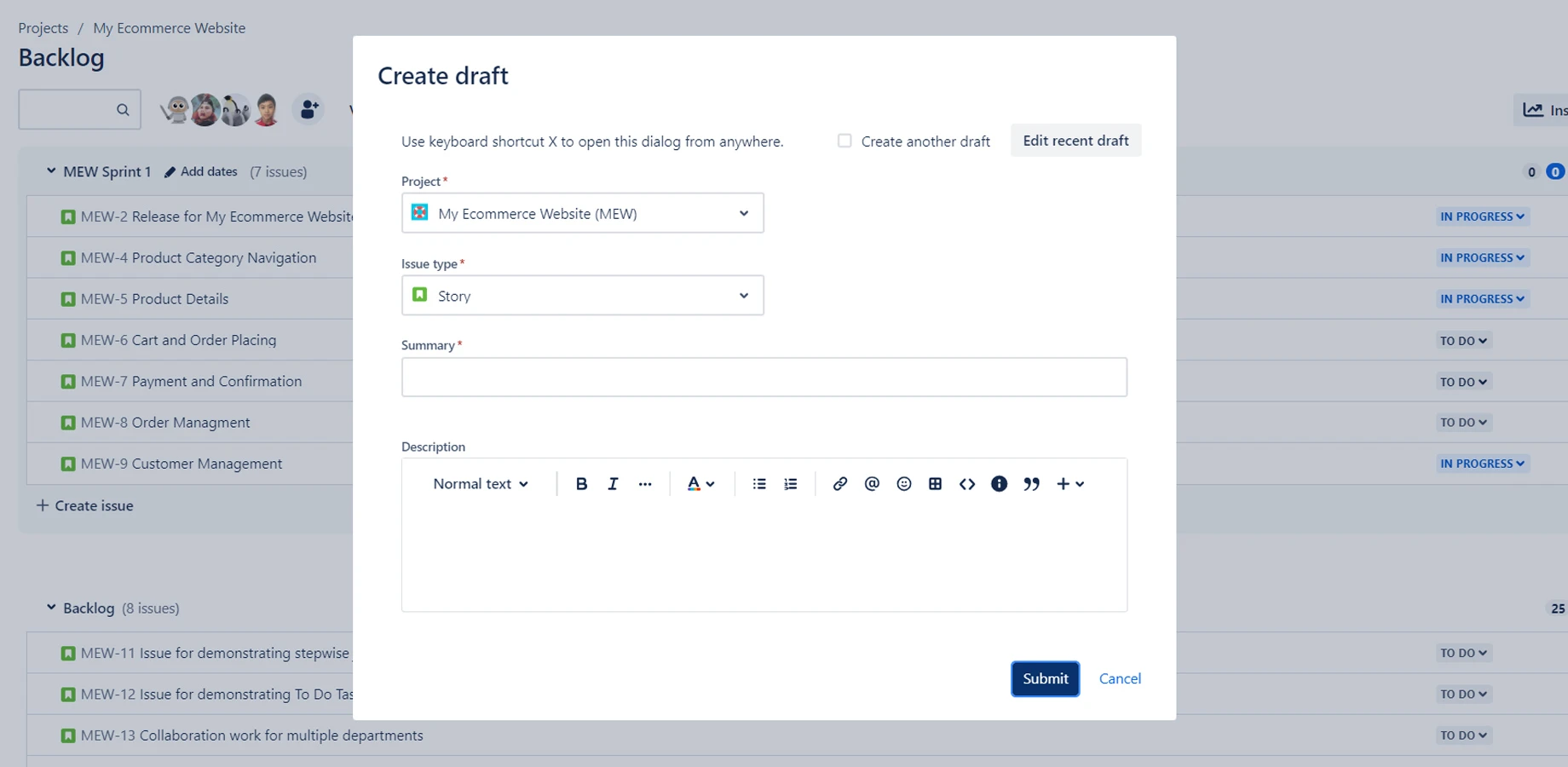 Jira create-draft window with fields for the issue type, summary, and description.