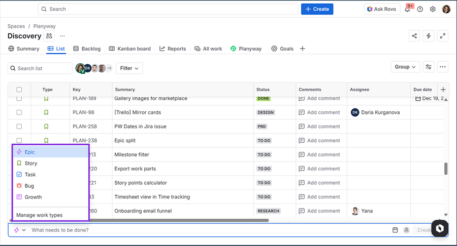 Jira work list with options to create epics, stories, tasks, bugs, and growth items.