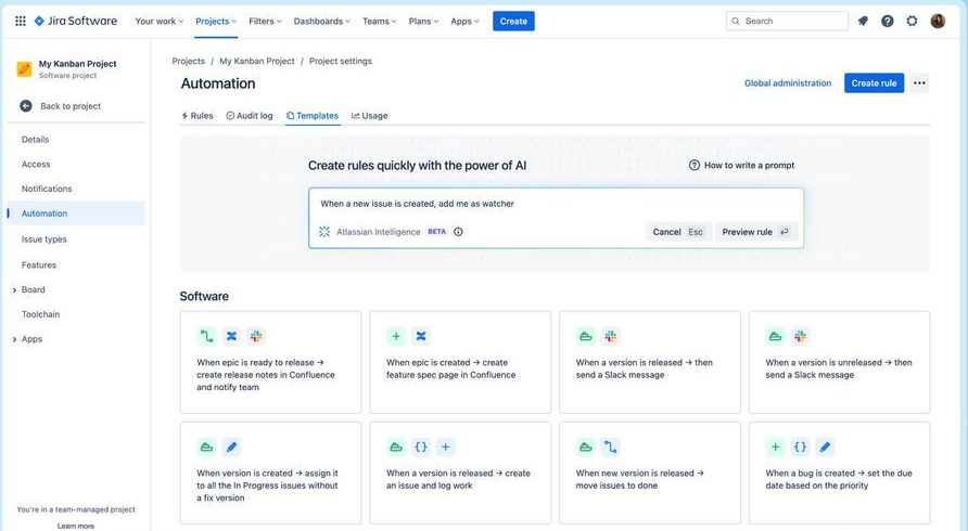 Jira automation page with an AI prompt field and templates for creating workflow rules.