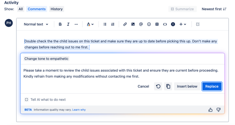 Jira comment editor showing an AI-generated rewrite in a more empathetic tone.