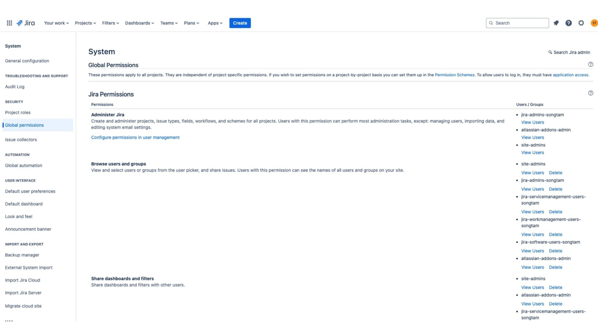 Jira administration page showing global permissions and assigned users and groups.