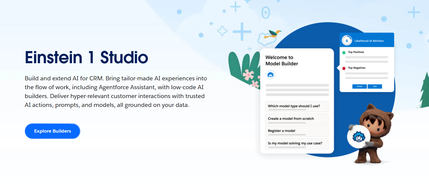 Einstein 1 Studio page showing Model Builder and an AI prediction panel.