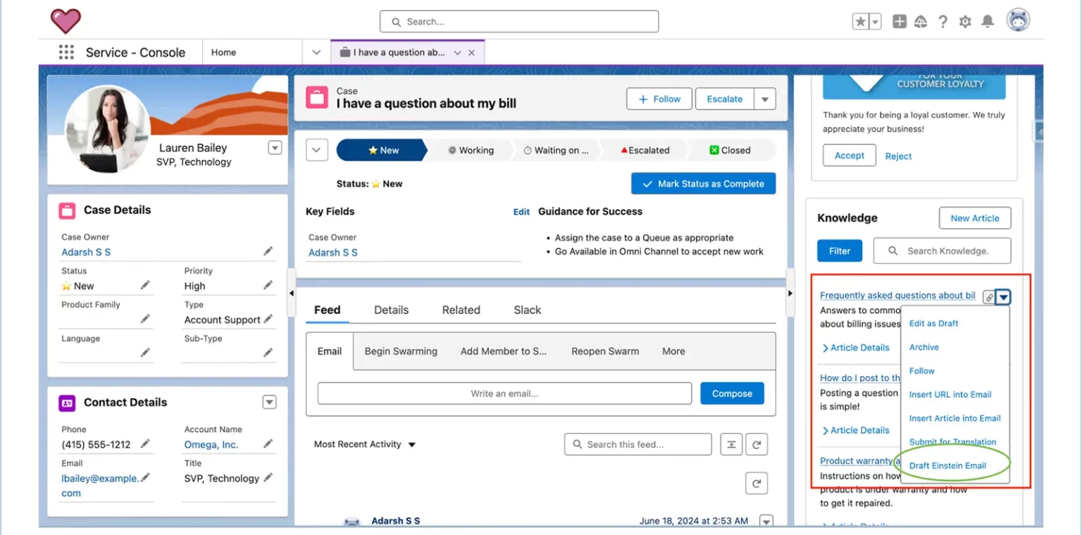 Salesforce Service Console showing a billing case with customer details and recommended knowledge articles.