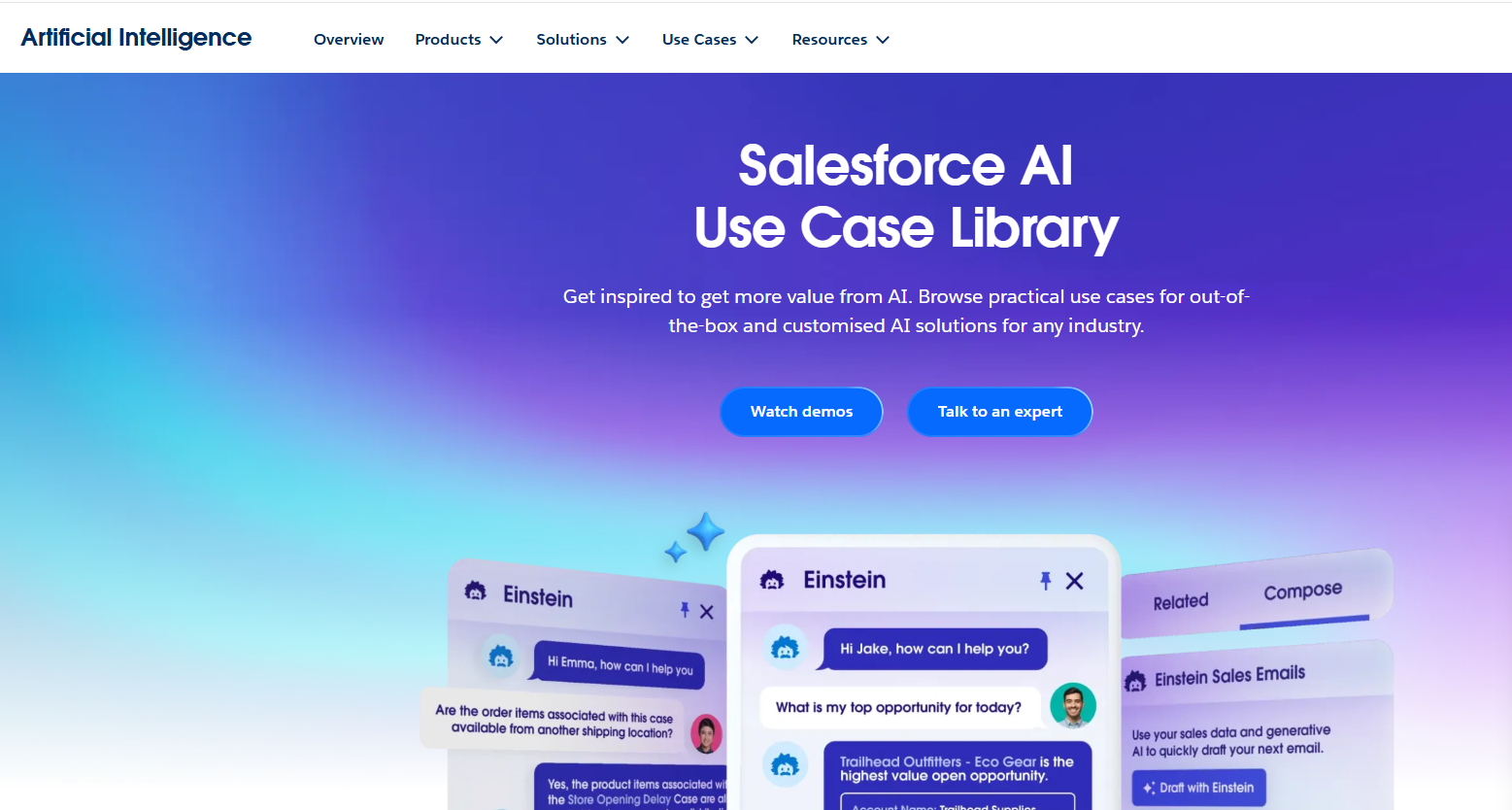 Salesforce AI Use Case Library page showing examples of Einstein AI conversations and tools.