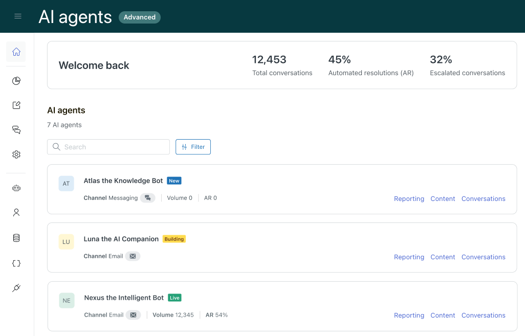 Zendesk AI agents dashboard showing conversation metrics and a list of configured agents.