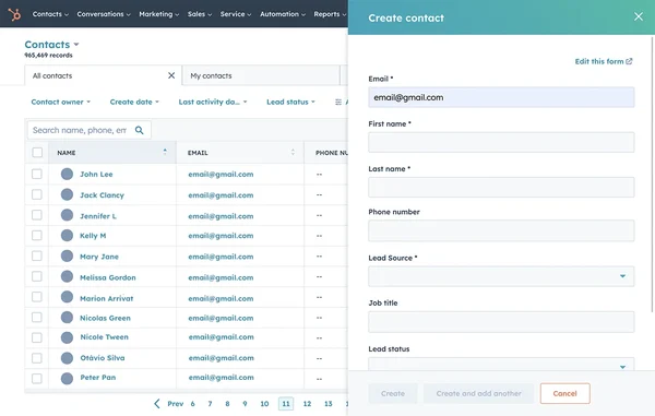 HubSpot CRM contact list with a form for creating a new contact.
