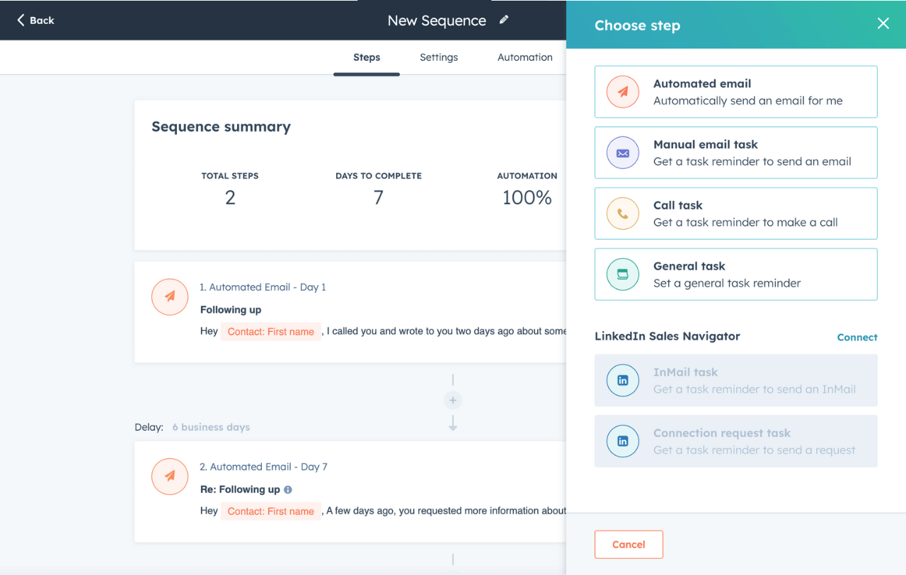 HubSpot sales sequence with automated follow-up emails and task options.