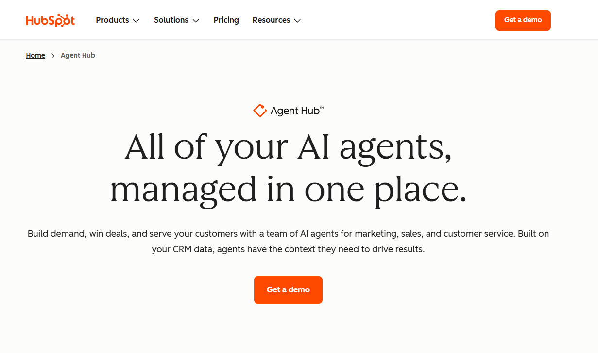 HubSpot Agent Hub page for managing AI agents across marketing, sales, and customer service.