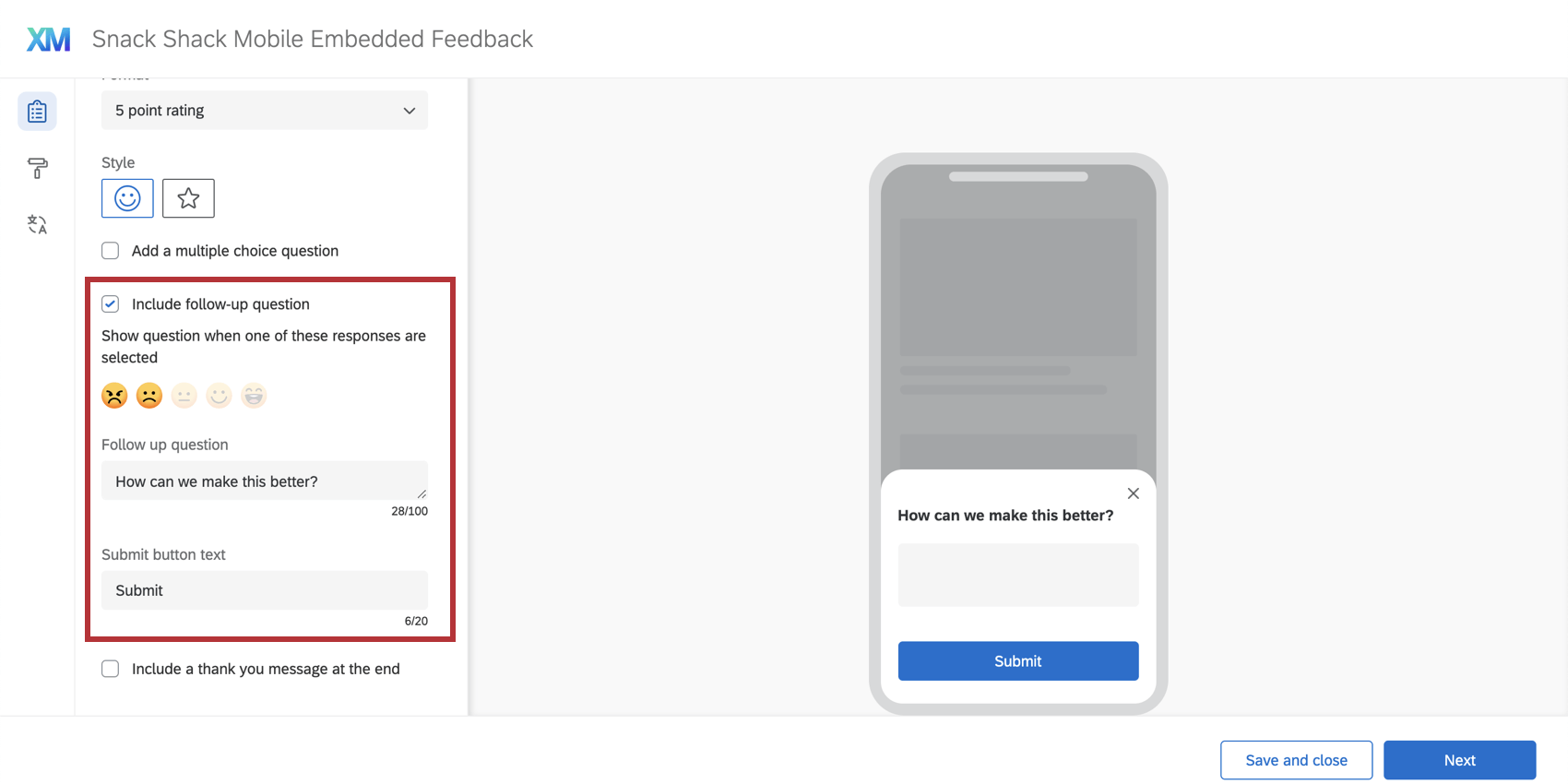 Qualtrics in-app feedback