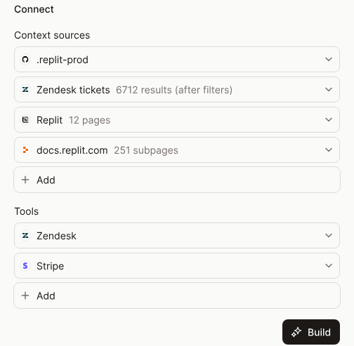 Parahelp connected to Zendesk, Stripe, GitHub, Notion, and Replit.