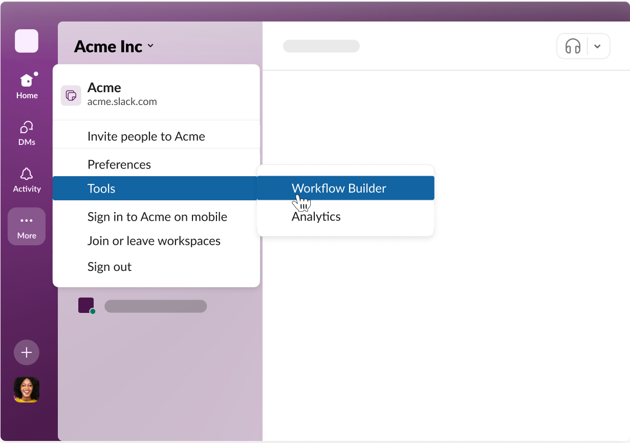 Slack workspace menu with Workflow Builder selected under Tools.