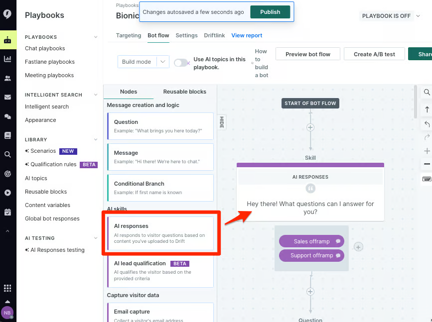 Drift playbook editor showing AI responses in a chatbot flow.