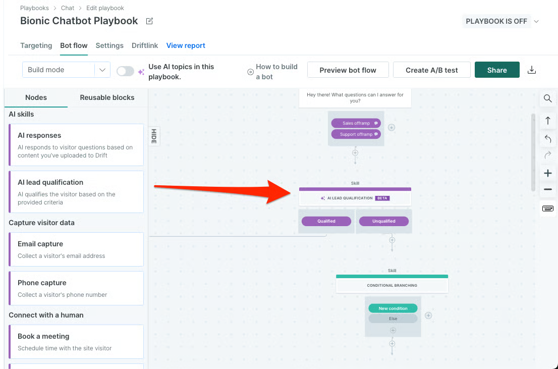 Drift playbook using AI to qualify and route leads.