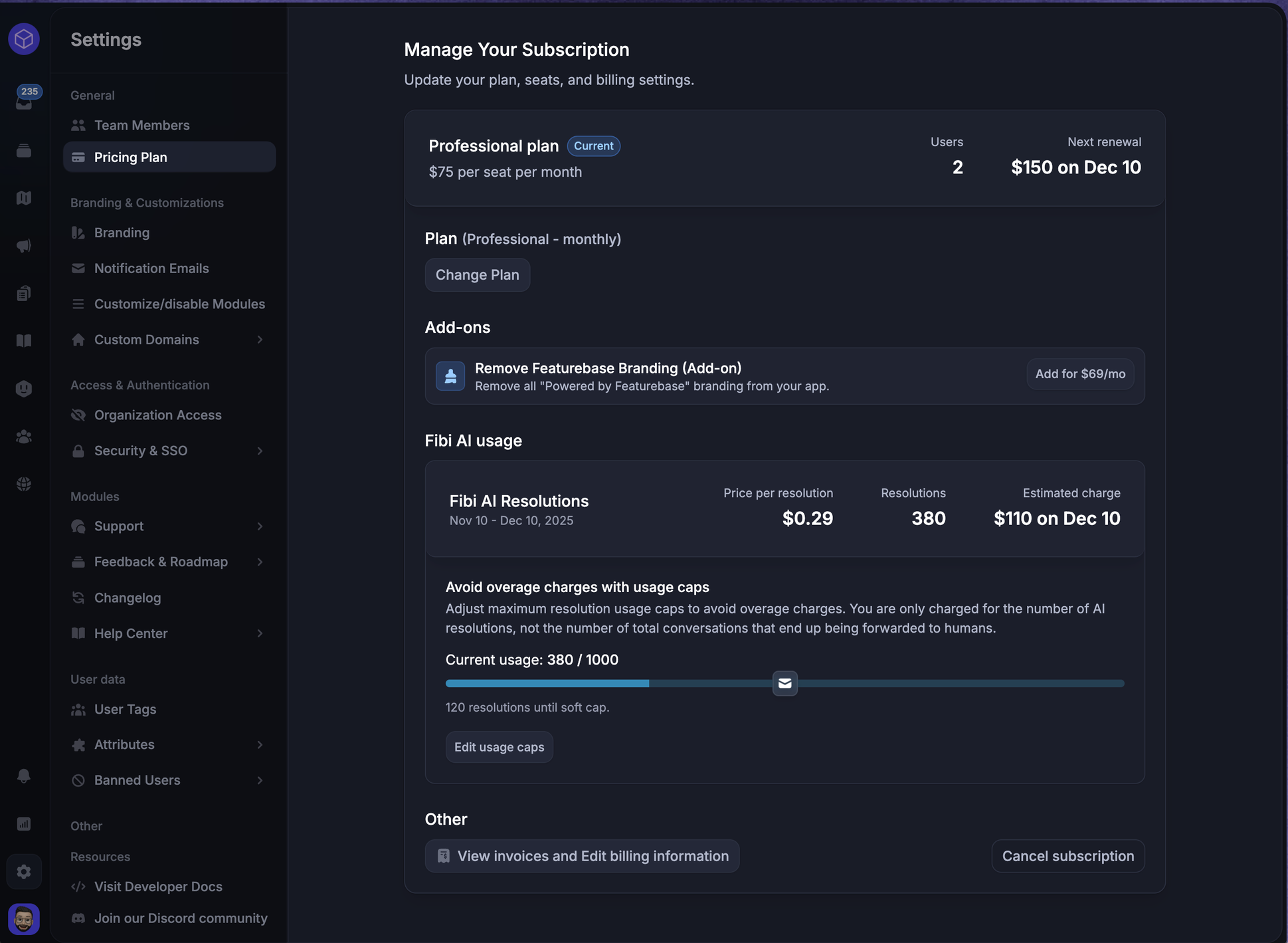 Featurebase billing page showing seat-based pricing and Fibi AI resolution usage.