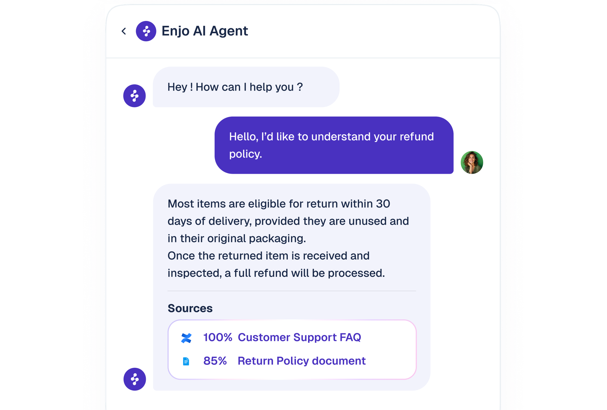 Enjo AI Agent answering a customer’s refund-policy question with cited support sources.
