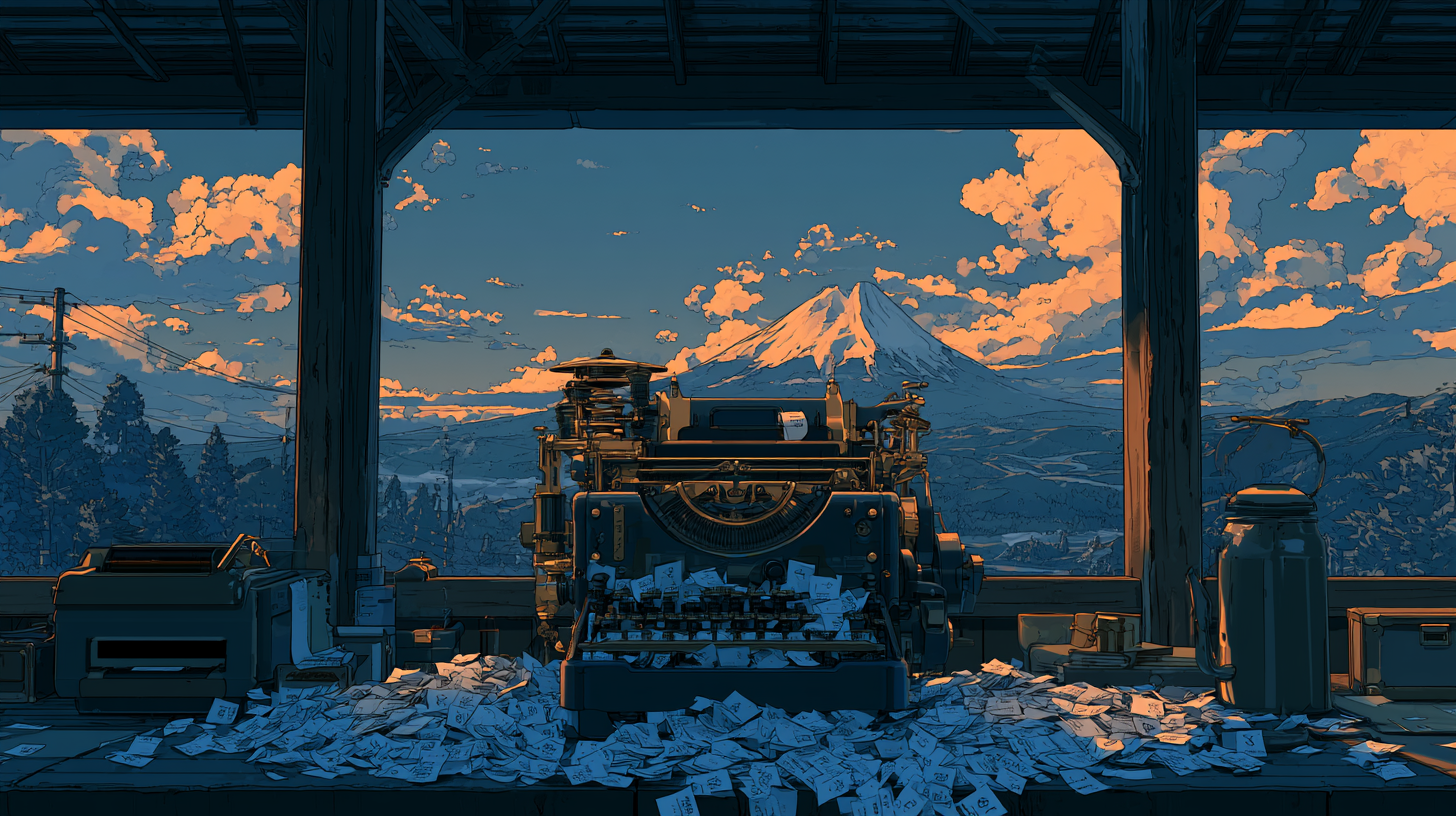 Typewriter surrounded by pages in a workshop overlooking a mountain at sunset.