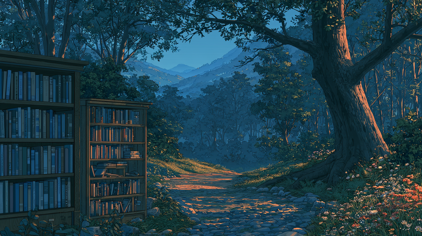 Bookshelves beside a forest path leading toward mountains.