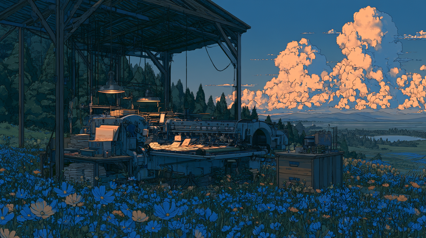 Printing press surrounded by flowers beneath sunset clouds.