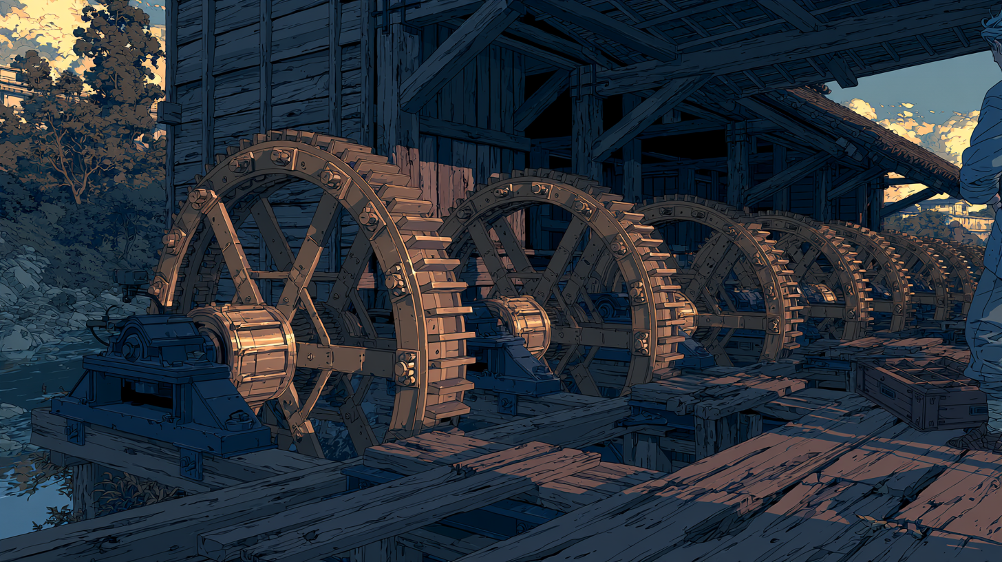 Illustrated row of interlocking wooden gears inside an old workshop.