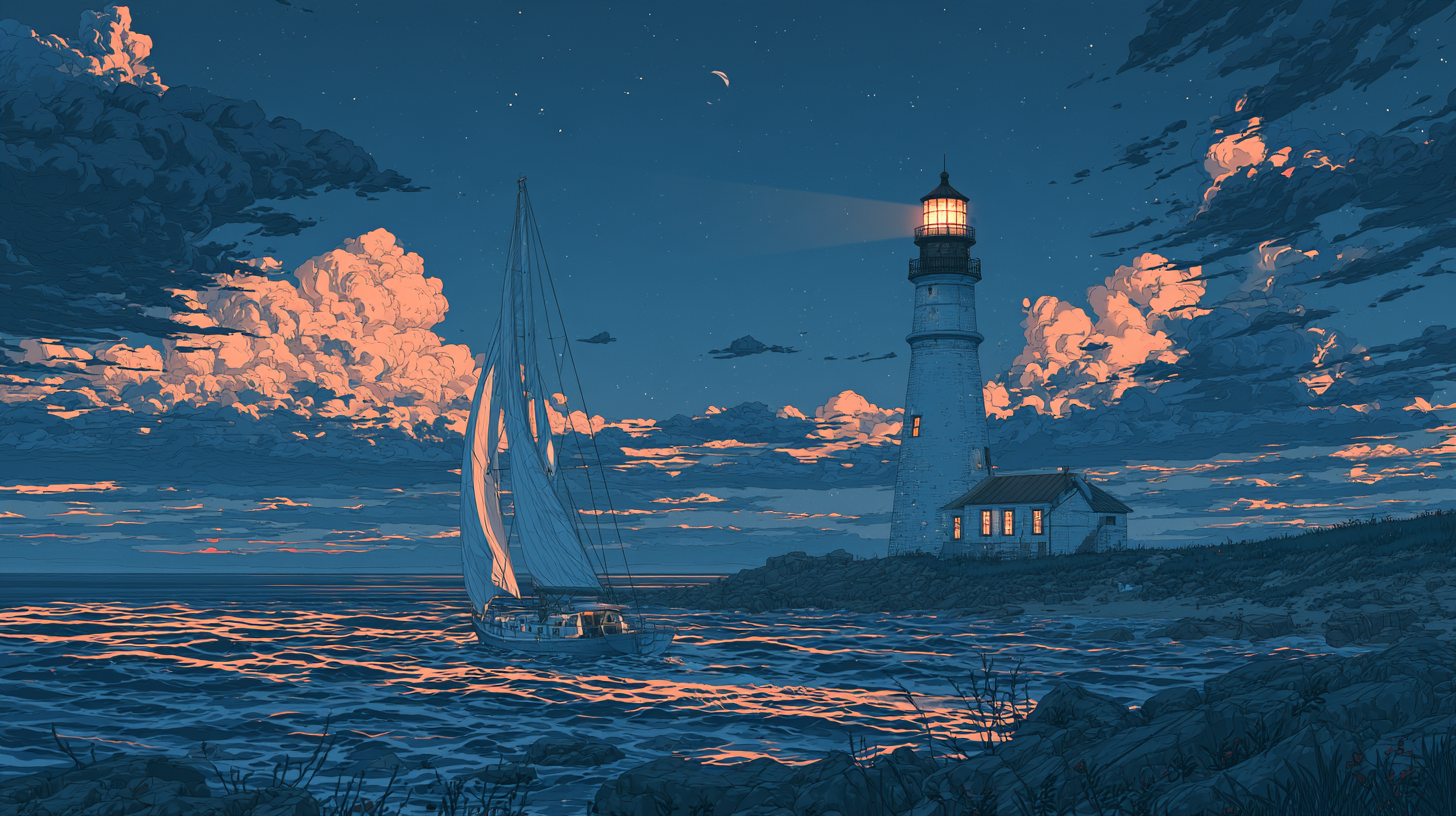 Sailboat passing a lit lighthouse beneath glowing clouds at dusk.