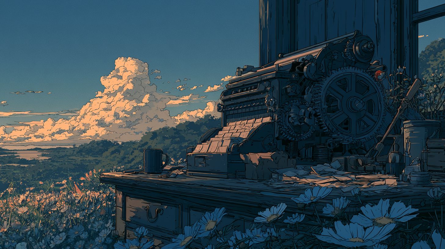 Mechanical typewriter on a flower-covered desk overlooking a mountain landscape.