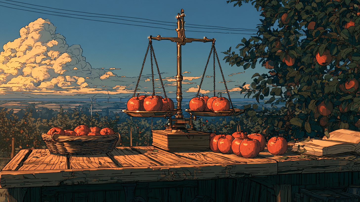 Apples being weighed on a balance scale in an orchard.