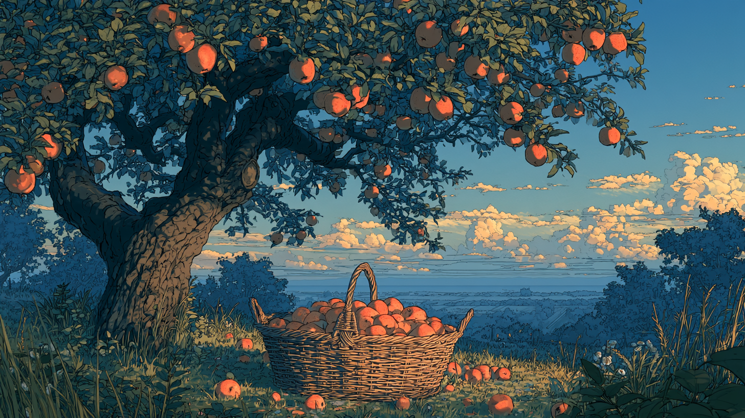 Basket of harvested apples beneath a fruit-laden tree, illustrating value realization.