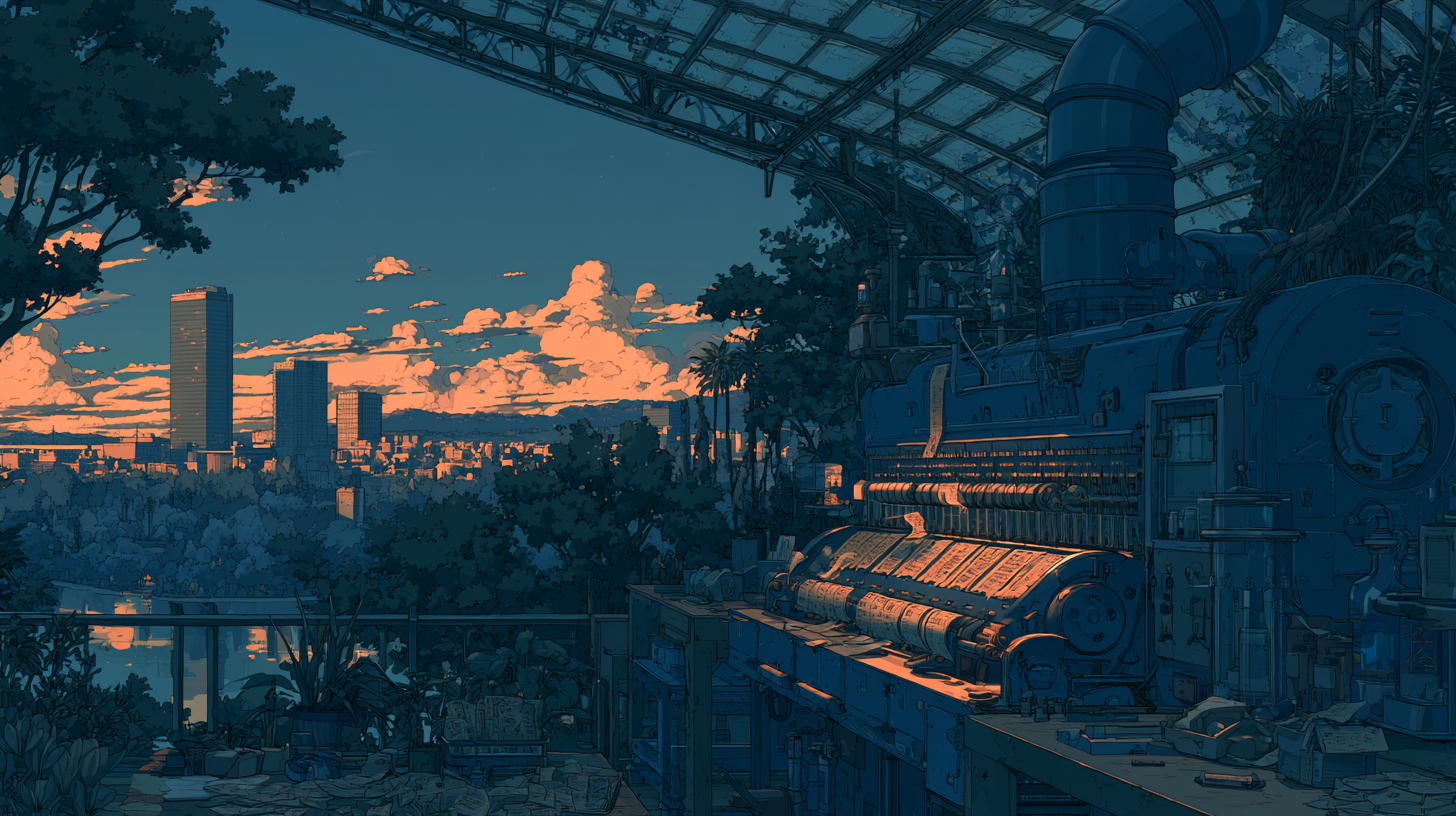 Illustrated industrial machine in a greenhouse overlooking a city skyline at sunset.