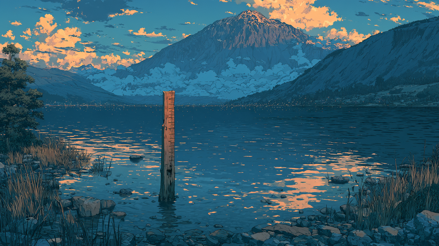 Illustration of a water-level measuring post in a lake surrounded by mountains at sunset.