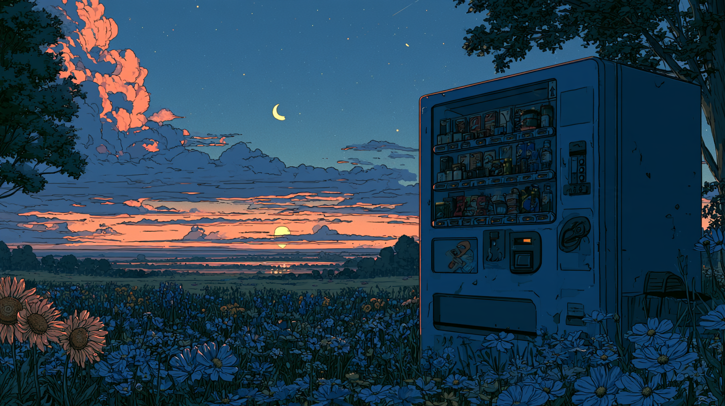 Illustration of a vending machine in a wildflower meadow at sunset.