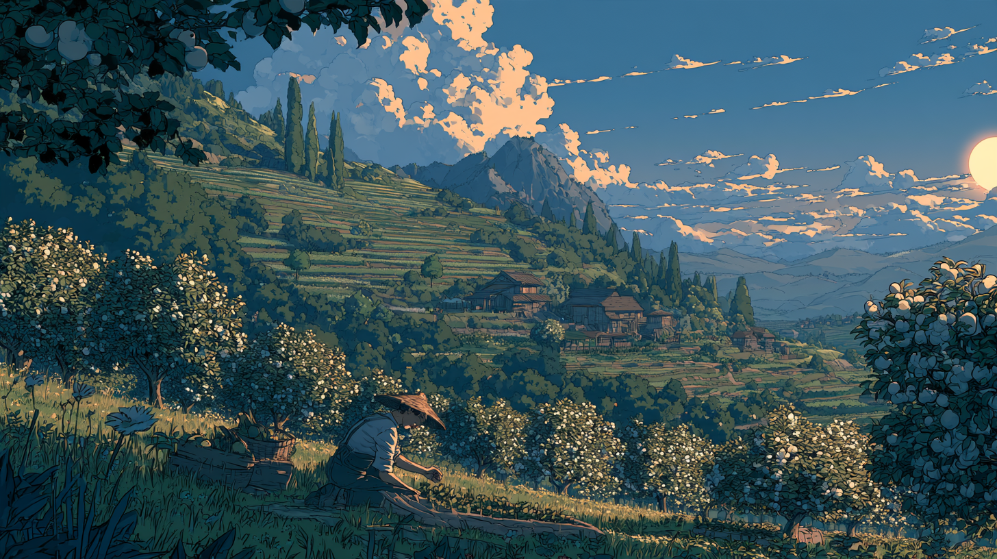 Illustration of a farmer tending a hillside orchard, with terraced fields and mountains in the background.