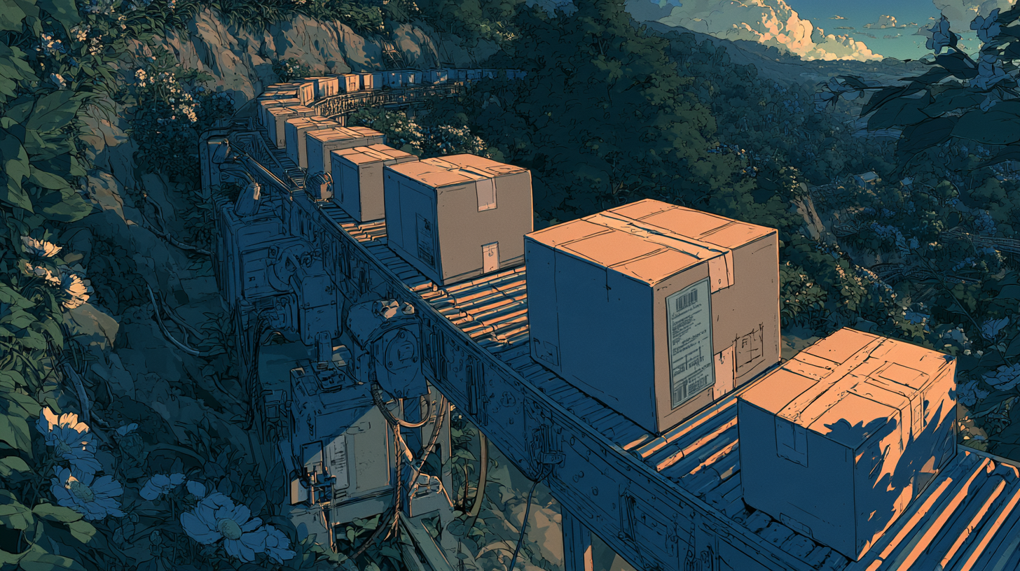 Illustration of cardboard boxes on a winding conveyor belt surrounded by lush forest.