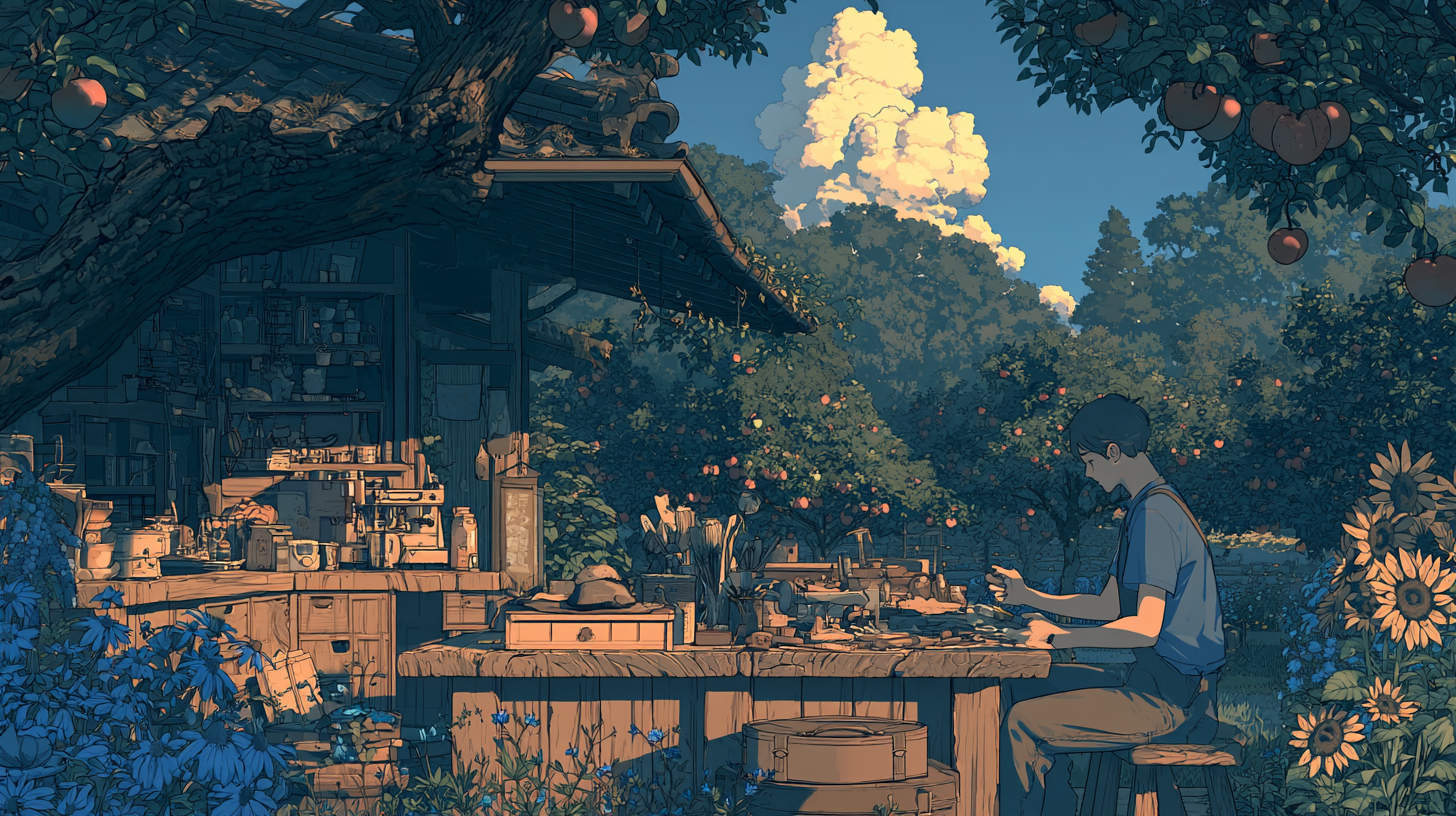 Illustration of a person working at a wooden workbench surrounded by fruit trees and sunflowers.