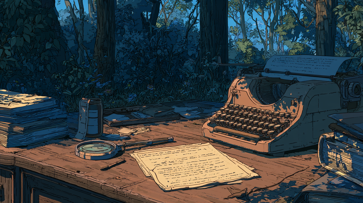 Illustration of a typewriter, papers, and magnifying glass on a wooden desk in a forest.