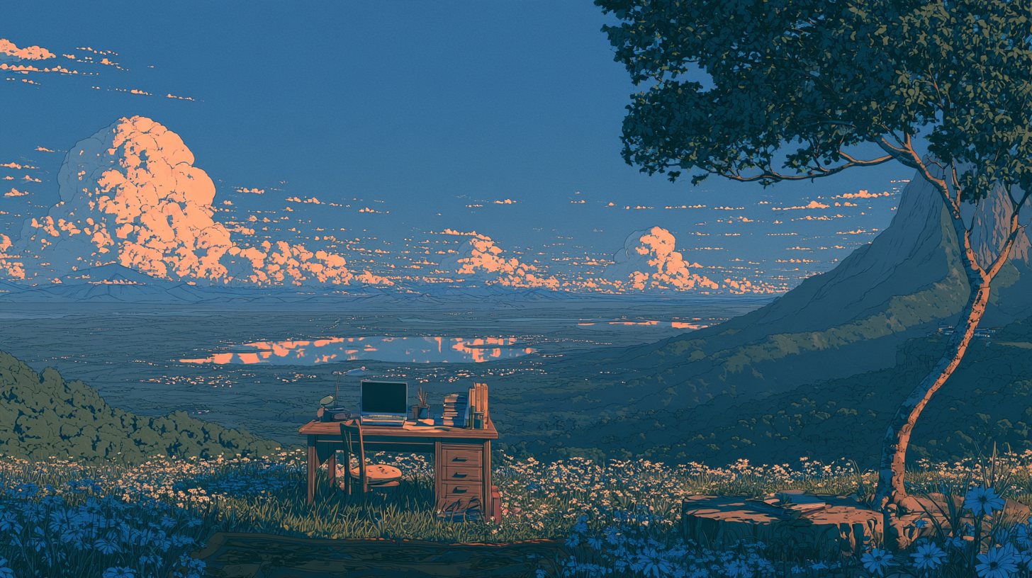Illustration of a desk with a laptop and books in a wildflower meadow overlooking a mountain valley.