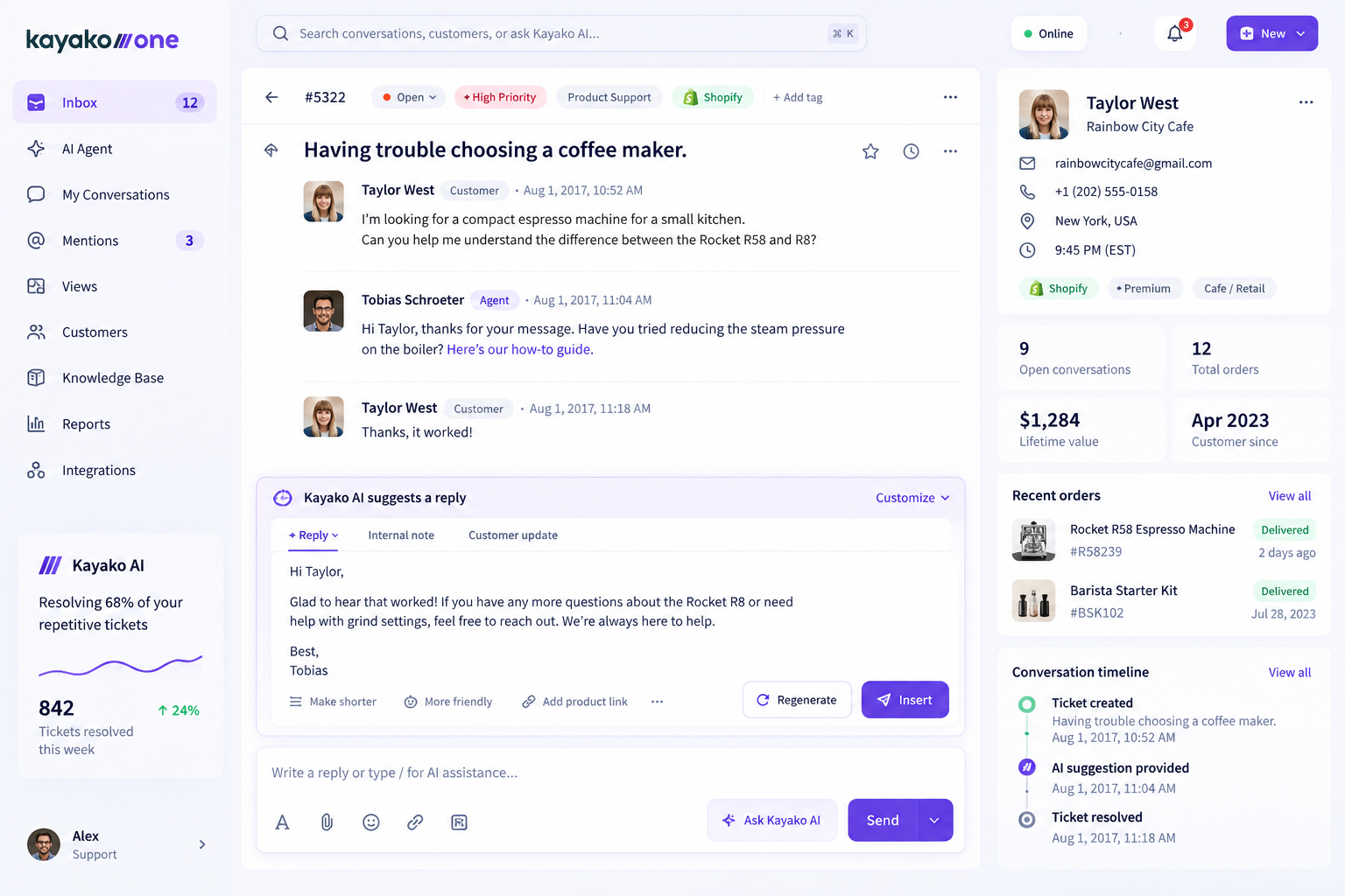 Kayako inbox with a customer conversation and AI-suggested reply.