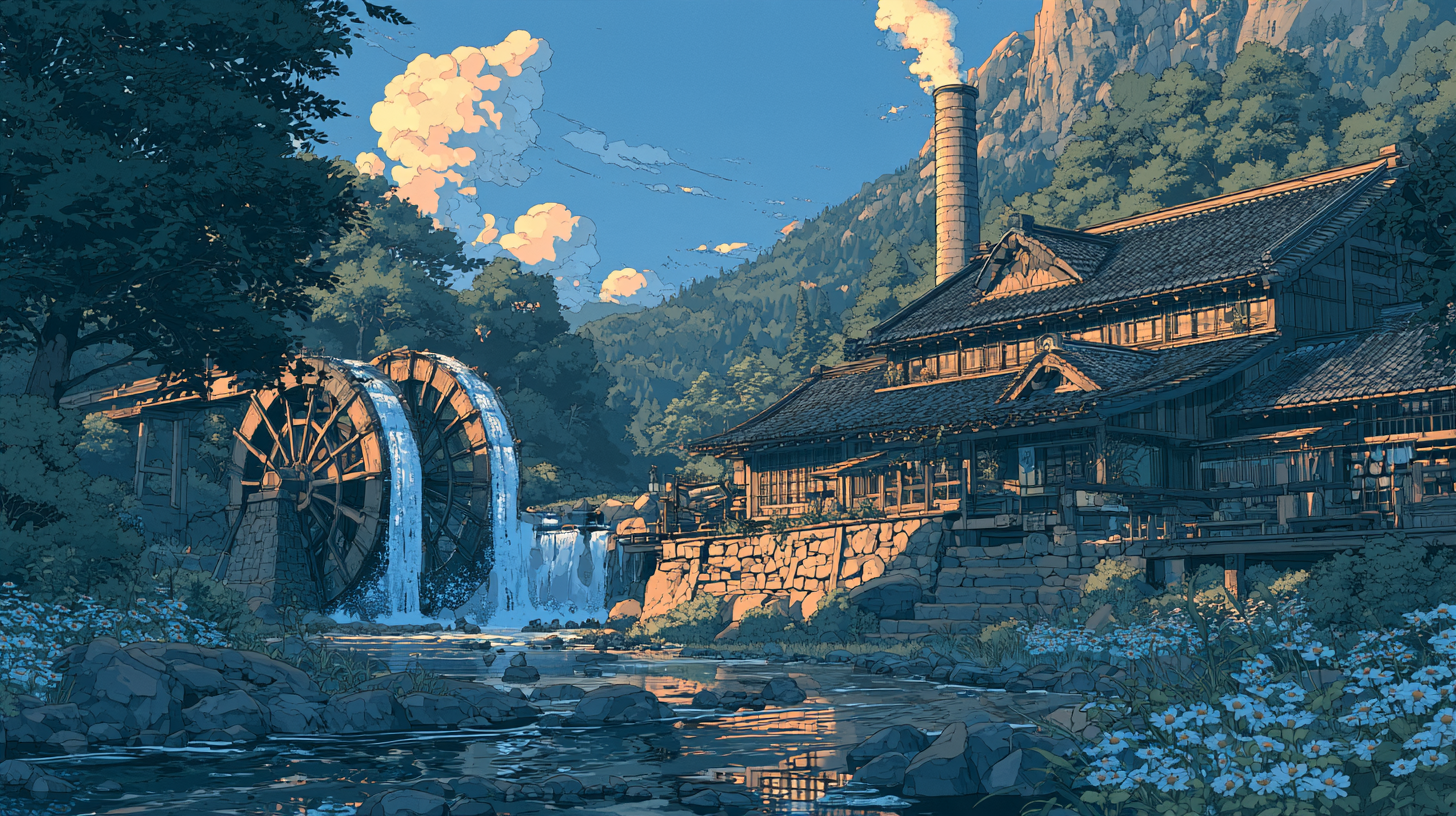 Illustration of a traditional watermill beside a flowing stream, surrounded by forested mountains and blue wildflowers.